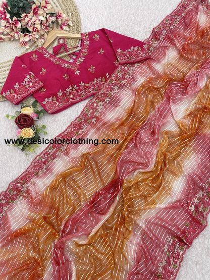 Pure Soft Georgette Sarees with Silver Weaving lining Nd Prisam Print With Heavy Embroidery Threads Sequence Ton to Ton work border aarco*