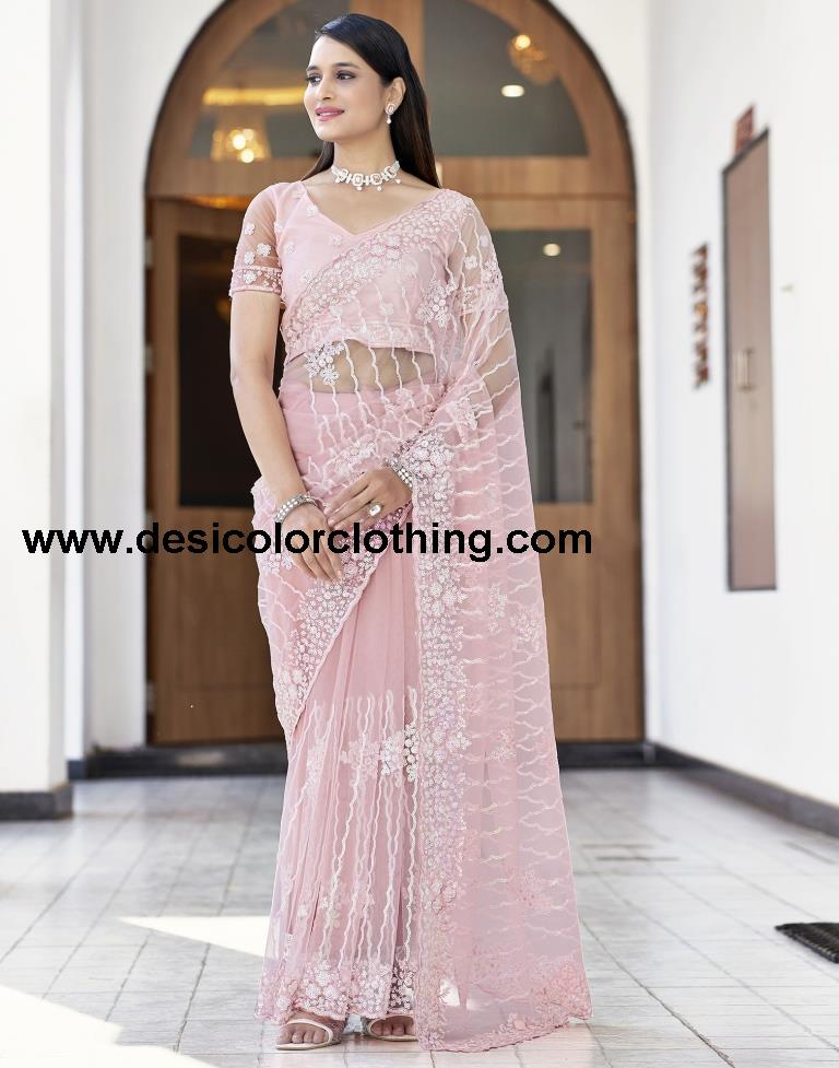 Rose Pink Plain Net Saree