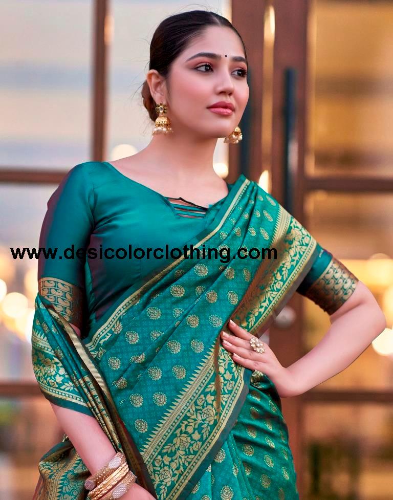Teal Blue Silk Weaving Saree