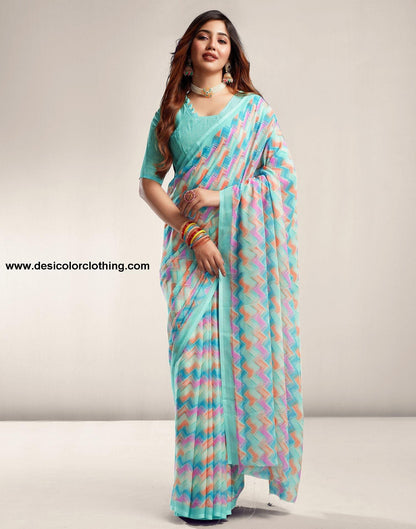 Turquoise Printed Georgette Saree