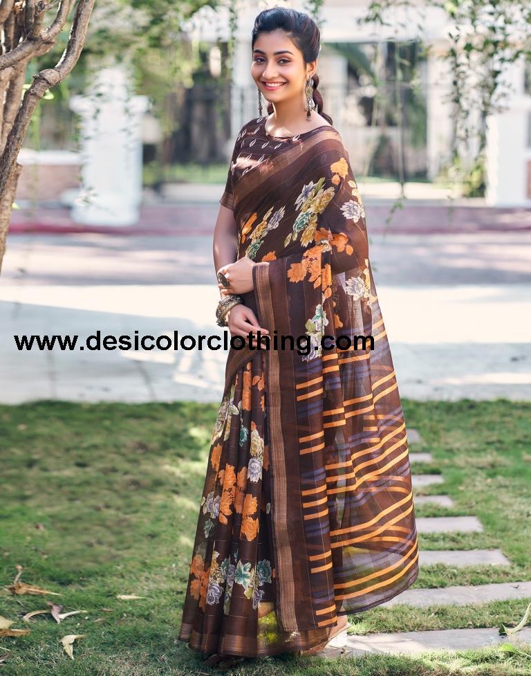 Dark Brown Cotton Printed Saree