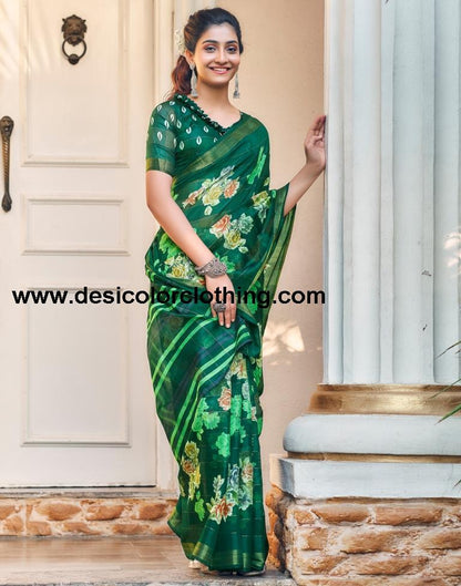Dark Green Cotton Printed Saree