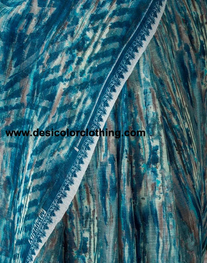 Teal Blue Chiffon Printed  Saree