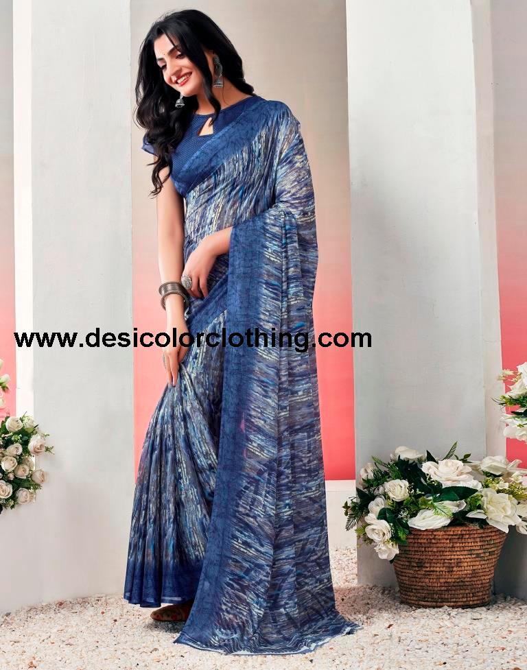 Blue. Multi Chiffon Printed  Saree