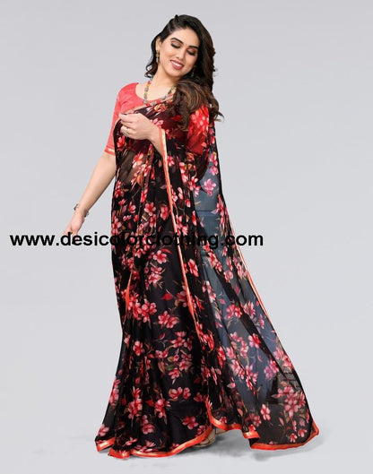 Black Printed Chiffon Saree