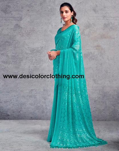 Turquoise Chiffon Printed  Saree