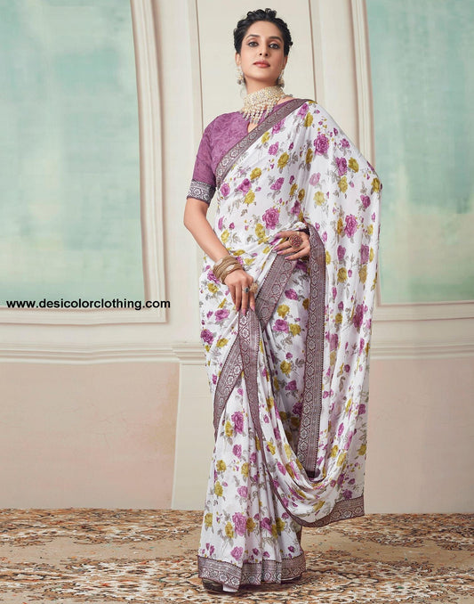 White Printed Georgette Saree