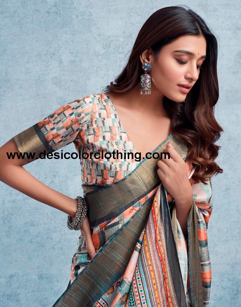 Cream Silk Printed  Saree