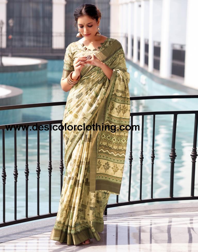 Dull Yellow Silk Printed Saree