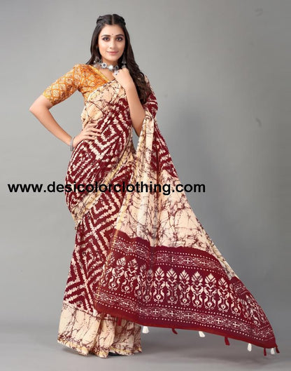 Wine Printed Cotton Saree