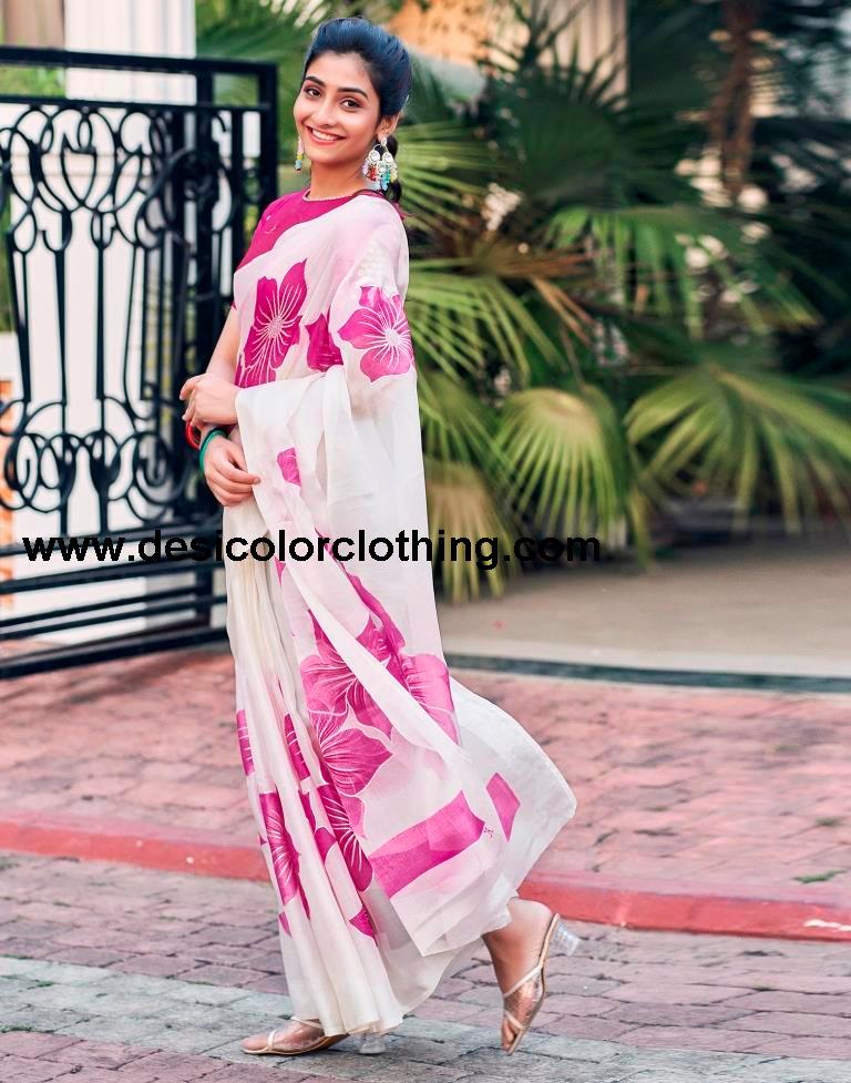 White Silk Printed Saree