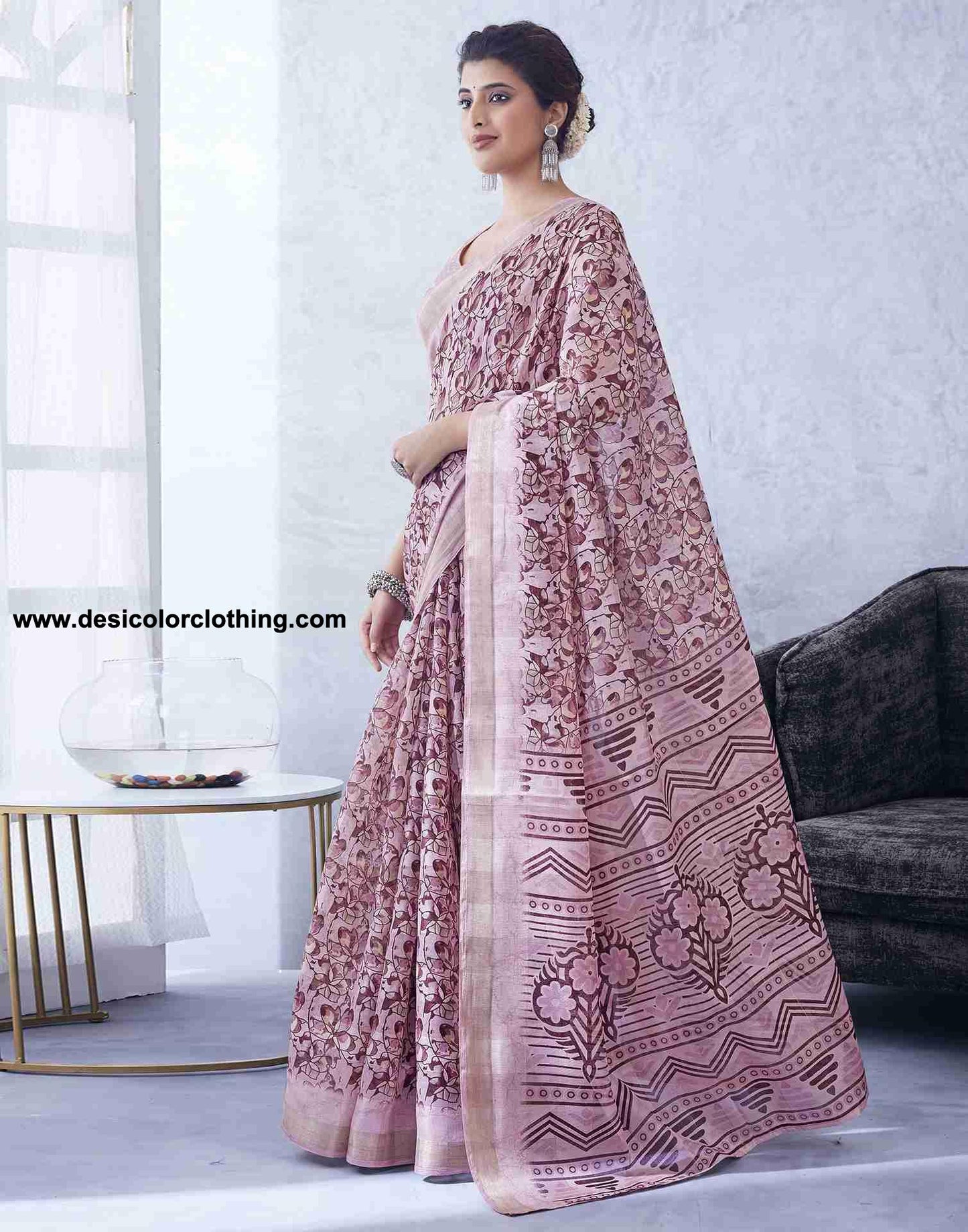 Pink Cotton Printed Saree