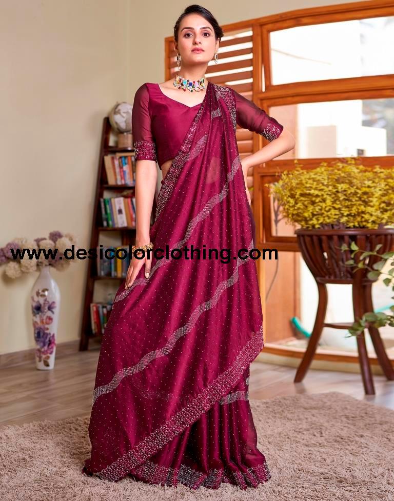 Deep Pink Georgette Plain Saree