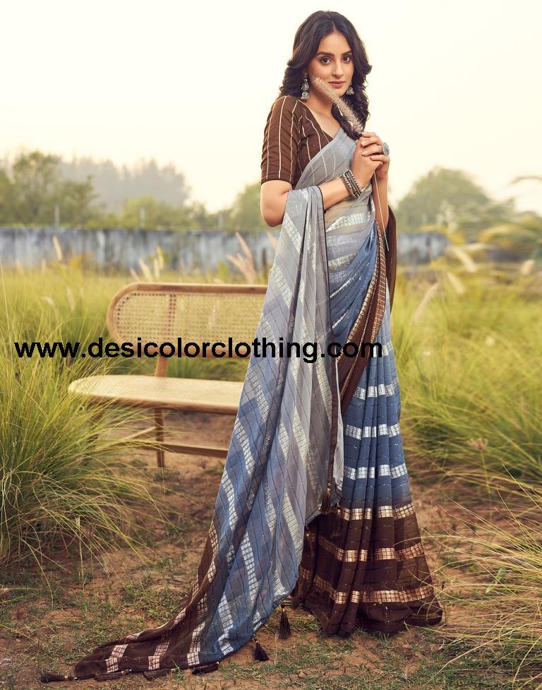 Brown Georgette Plain Saree