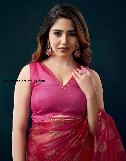 Dark Pink Net Plain Saree