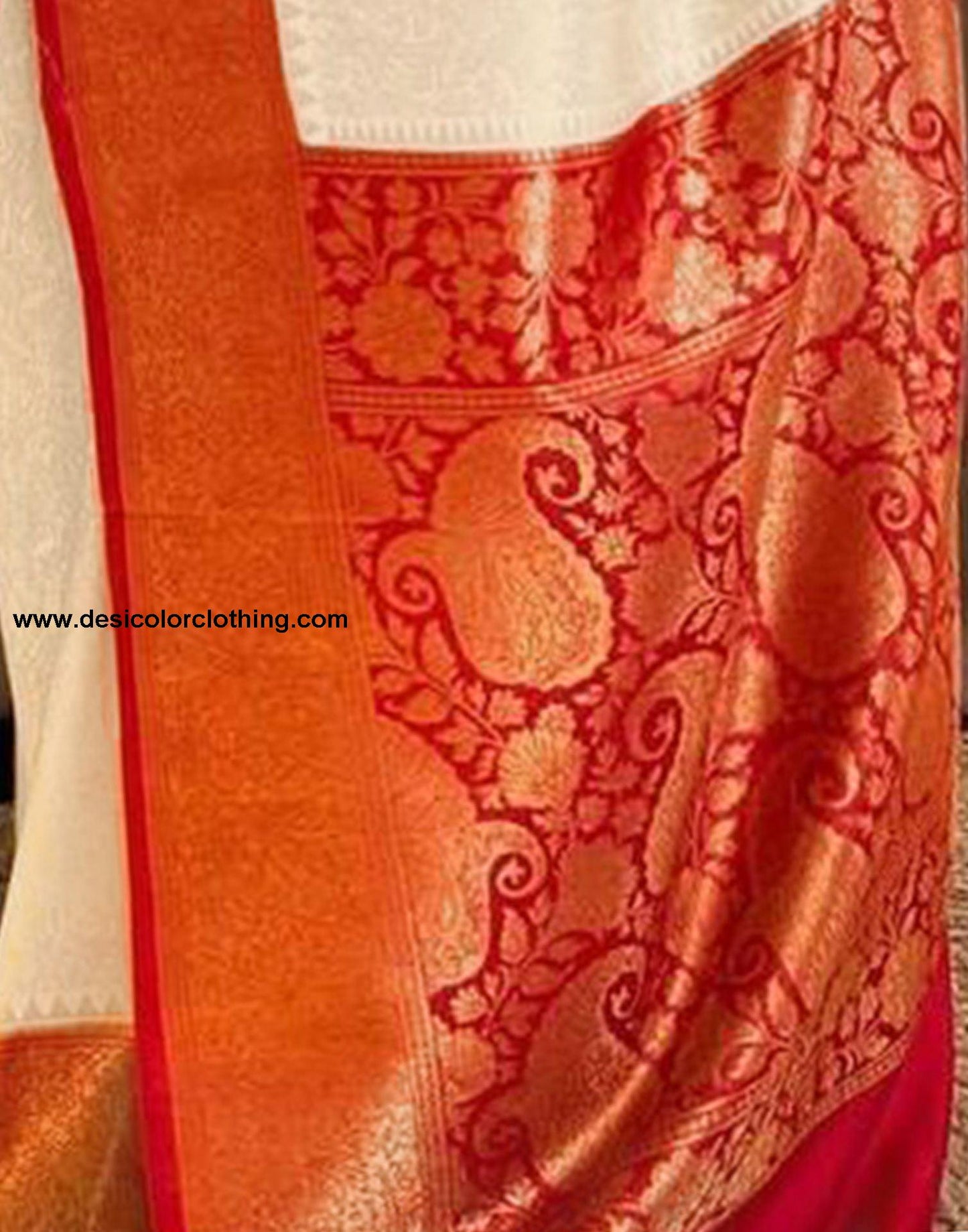 Cream Jacquard Silk Saree