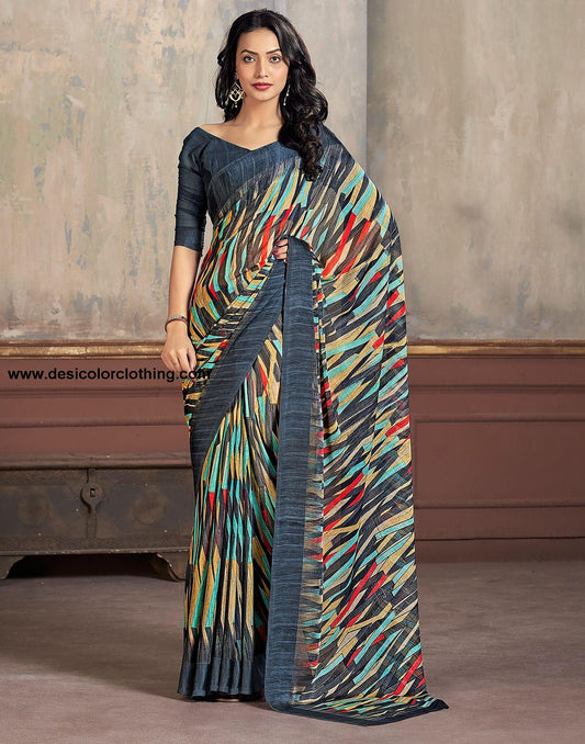Deep Grey Printed Chiffon Saree