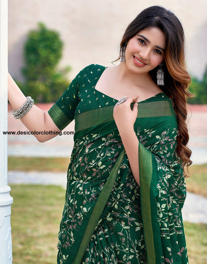 Bottle Green Silk Printed Saree