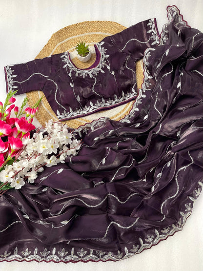 Product Image - Designer Zimmy Choo Silk Saree with Embroidered Border & Lehiriya Design