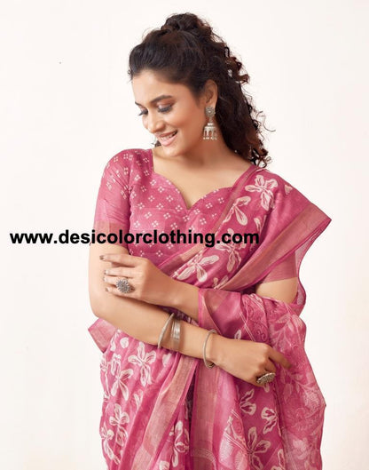 Pink Cotton Printed Sarees