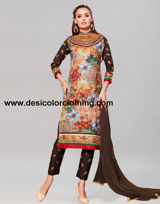 Brown Cotton Printed Embroidered Unstitched Salwar Suit