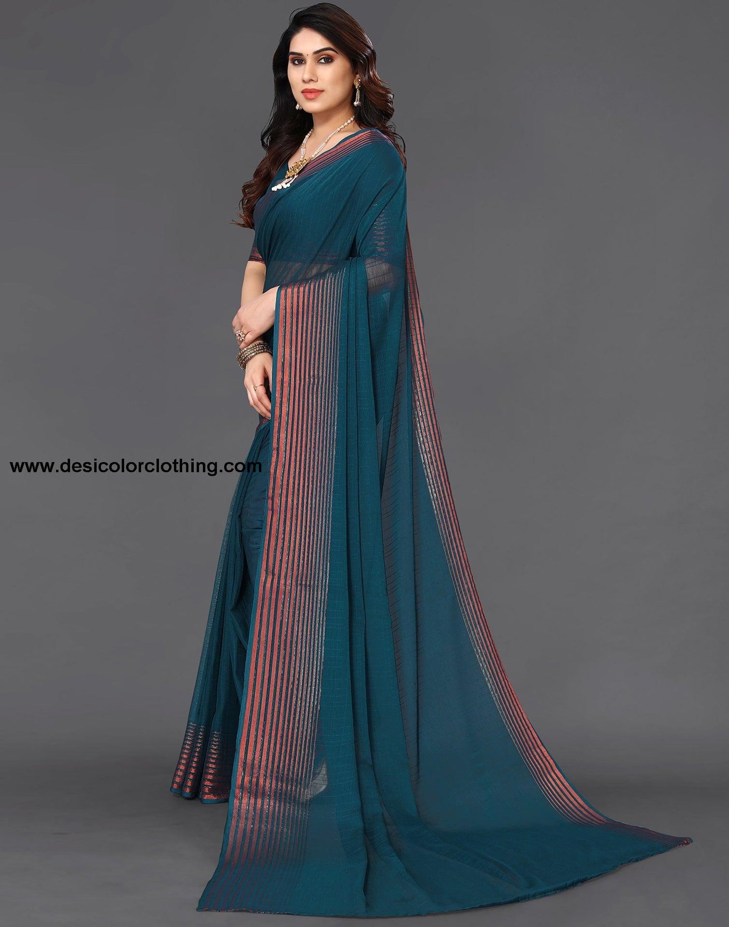 Teal Blue Chiffon Plain Saree