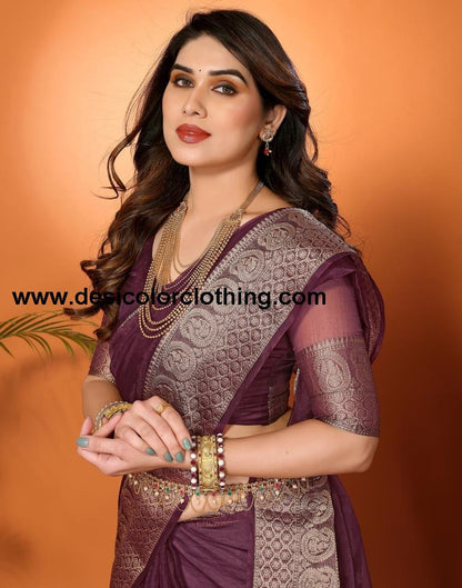 Wine Plain Organza Saree