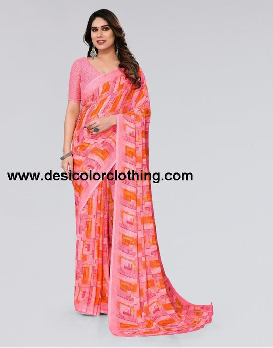 Rose Pink Printed Georgette Saree