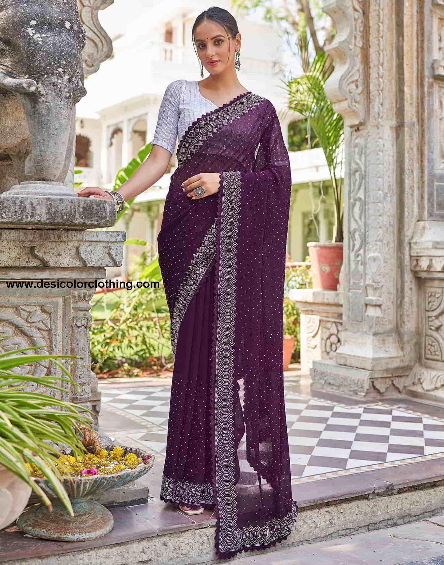 Wine Swarovski Georgette Stone Work Saree