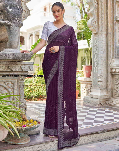 Wine Swarovski Georgette Stone Work Saree