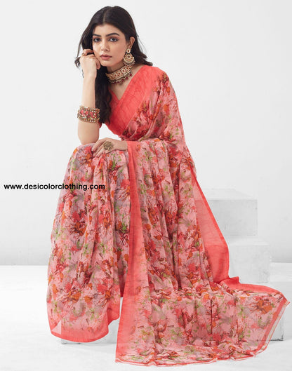 Rose Pink Printed Georgette Saree