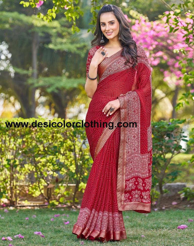Dark Red Georgette Printed Saree