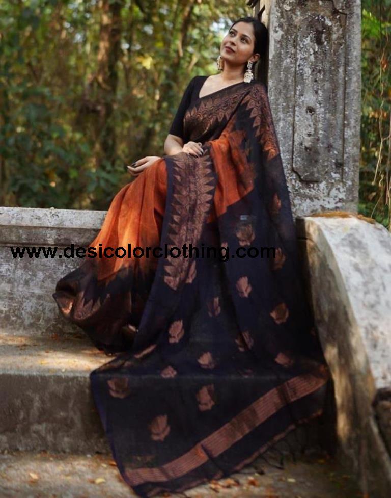 Rust Orange Cotton Weaving Saree