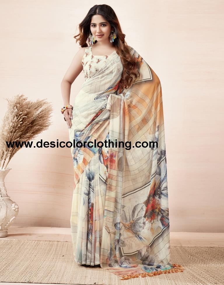 Cream Georgette Printed Sarees