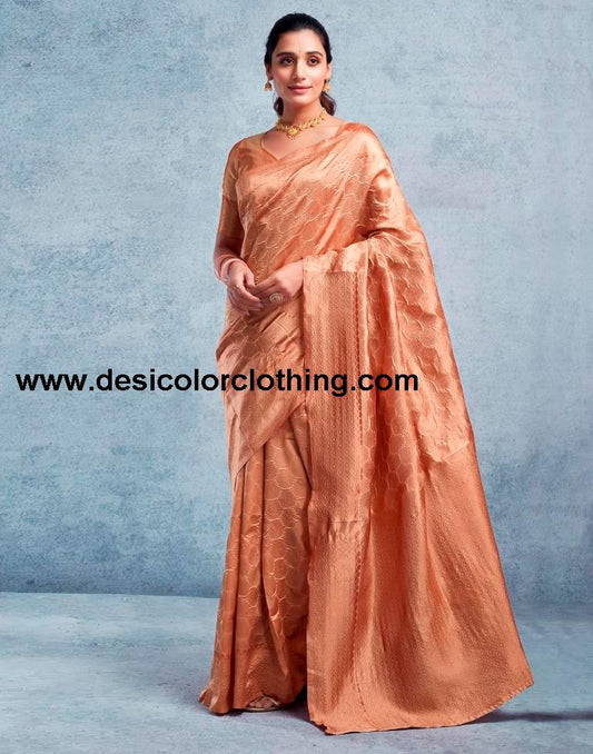 Dusty Orange Silk Plain Saree