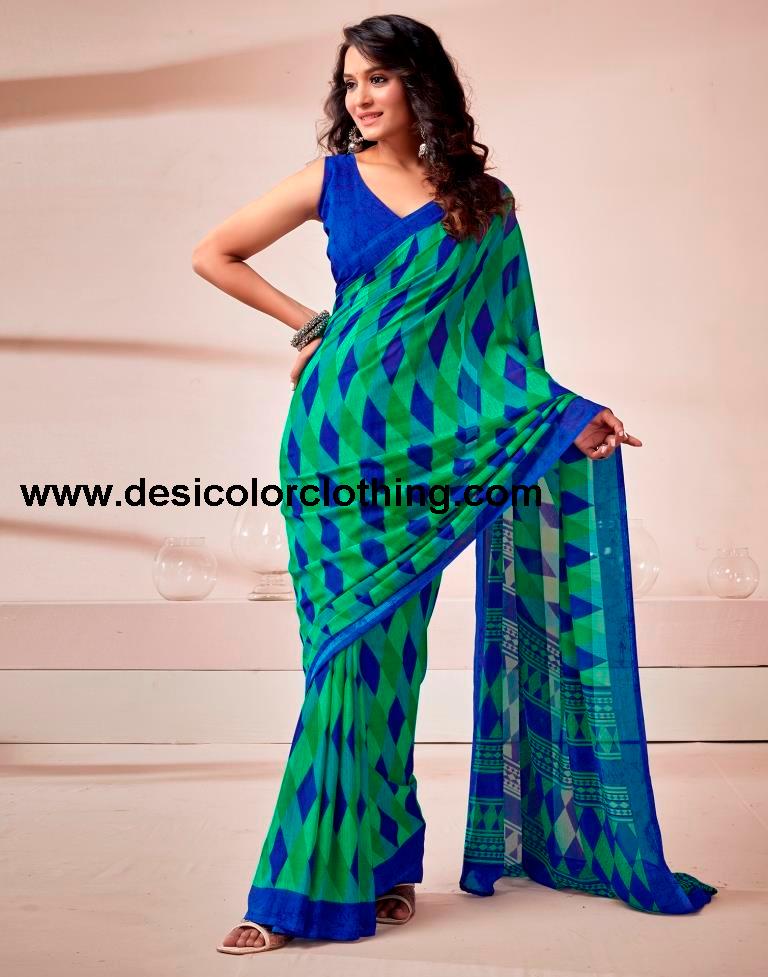 Dark Blue Georgette Printed Saree