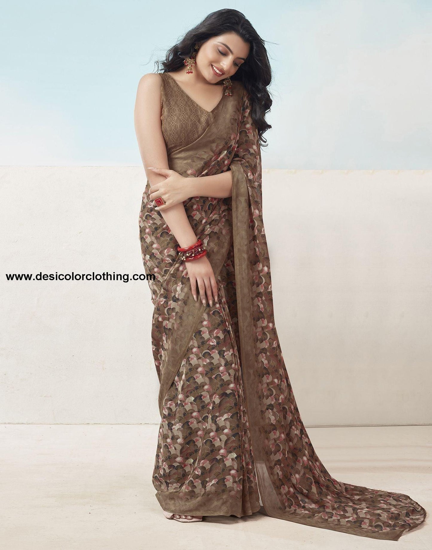 Brown Printed Georgette Saree