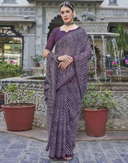 Wine Printed Cotton Leheriya Saree