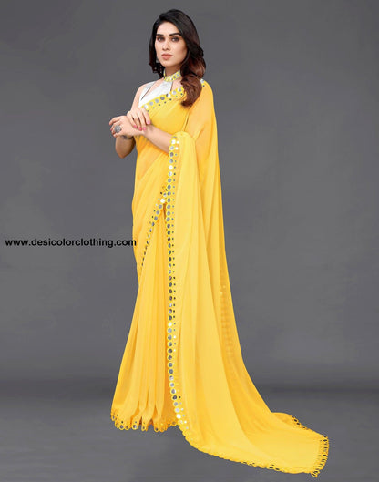 Yellow Georgette Mirror Work Saree