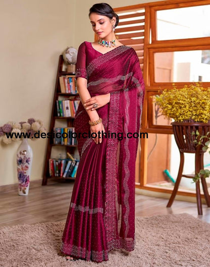 Deep Pink Georgette Plain Saree