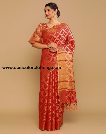 Red Coloured Banarasi Cotton Silk Saree