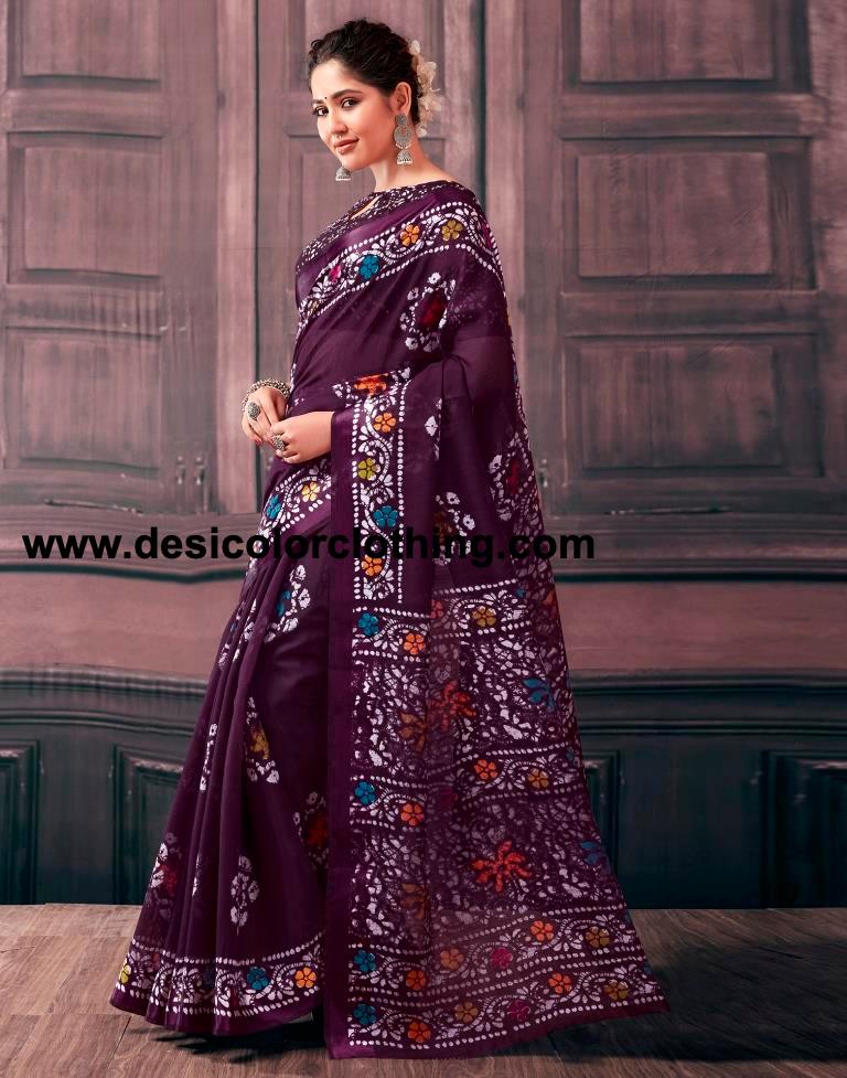 Purple  Cotton Printed Sarees