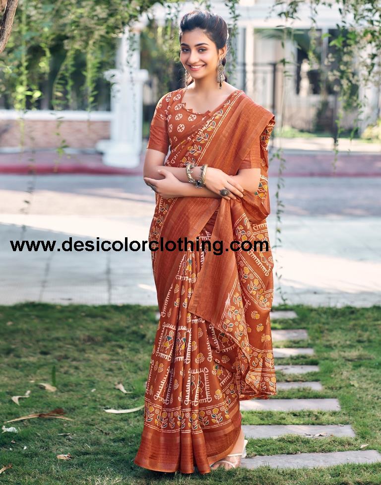 Rust Silk Printed Saree