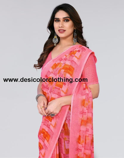 Rose Pink Printed Georgette Saree