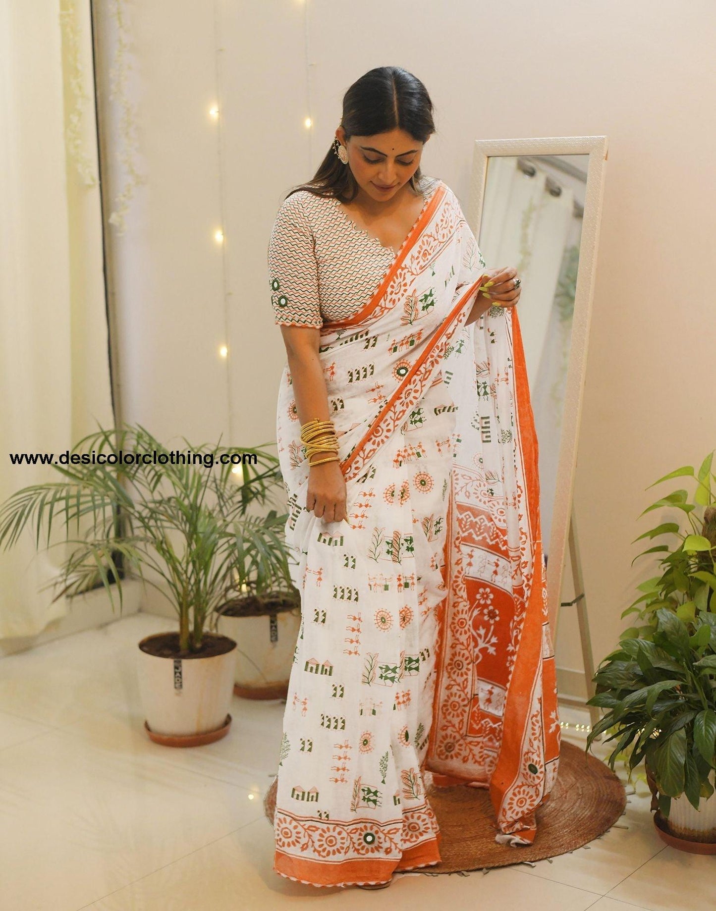 White Printed Cotton Pre-Draped Saree