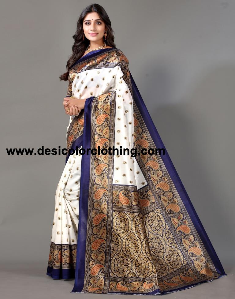 White Printed Silk Saree