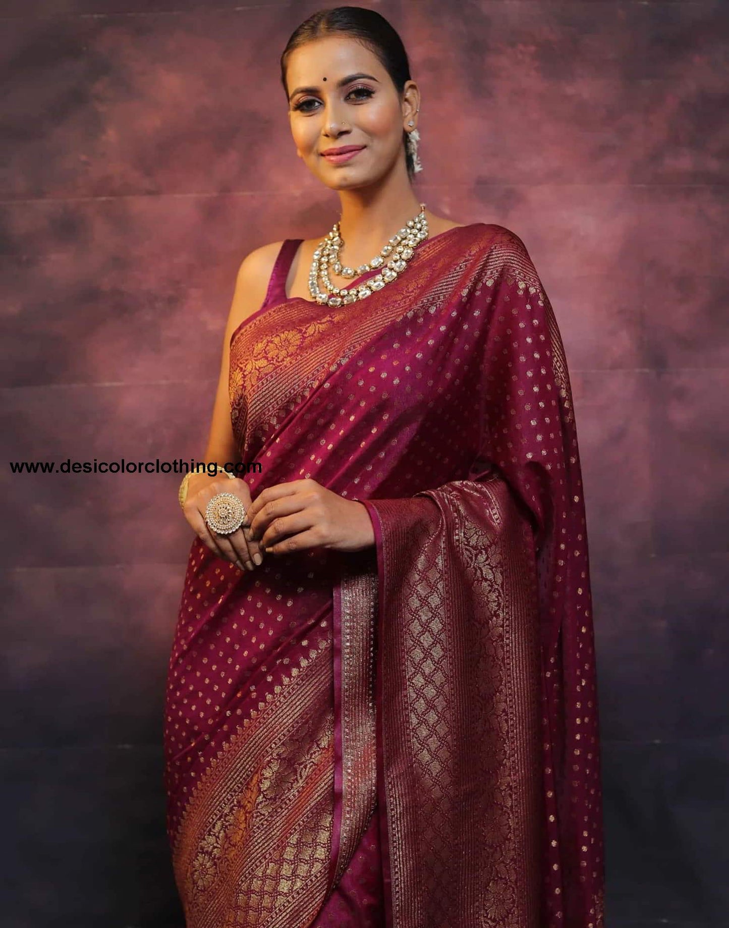 Wine Banarasi Silk Woven Saree