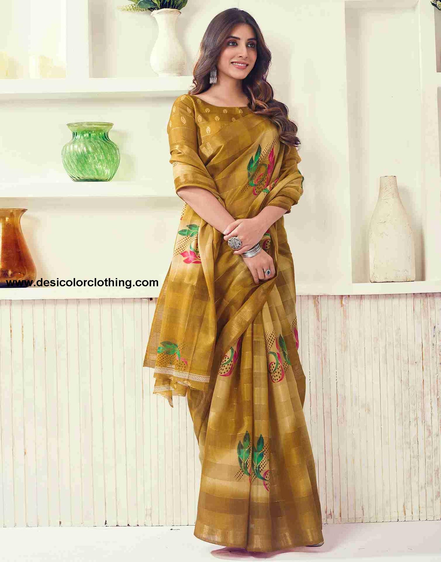 Yellow Cotton Printed Saree