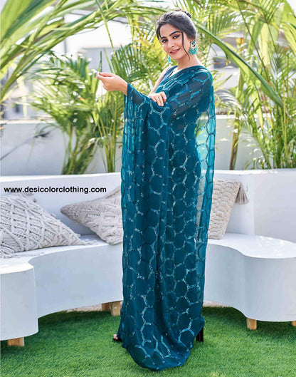 Rama Blue Georgette Sequence Saree