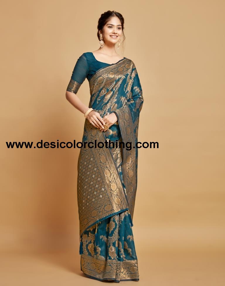 Teal Blue Linen Saree